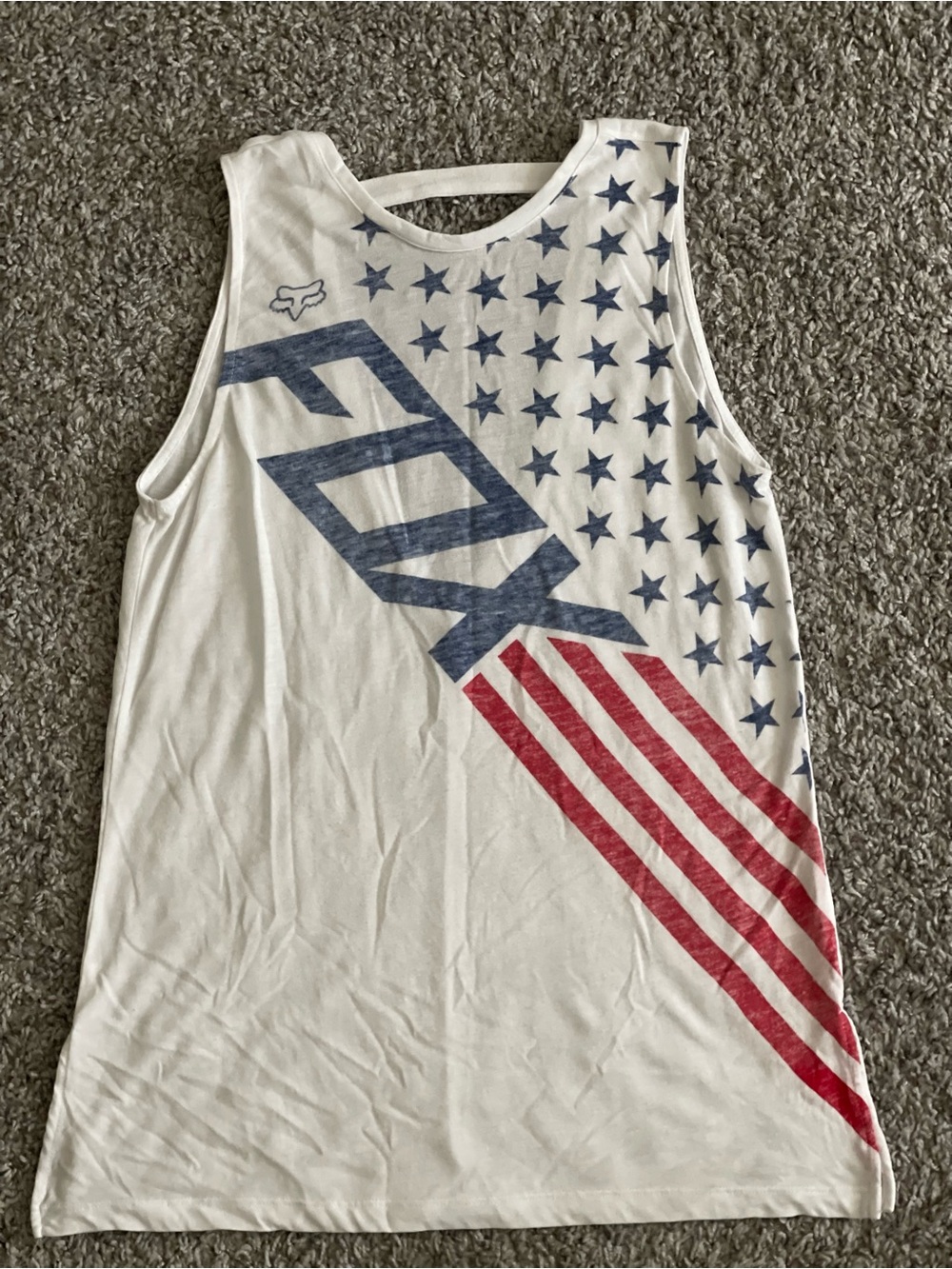 Fox White Tank Top with Blue Logo and Red Stripes